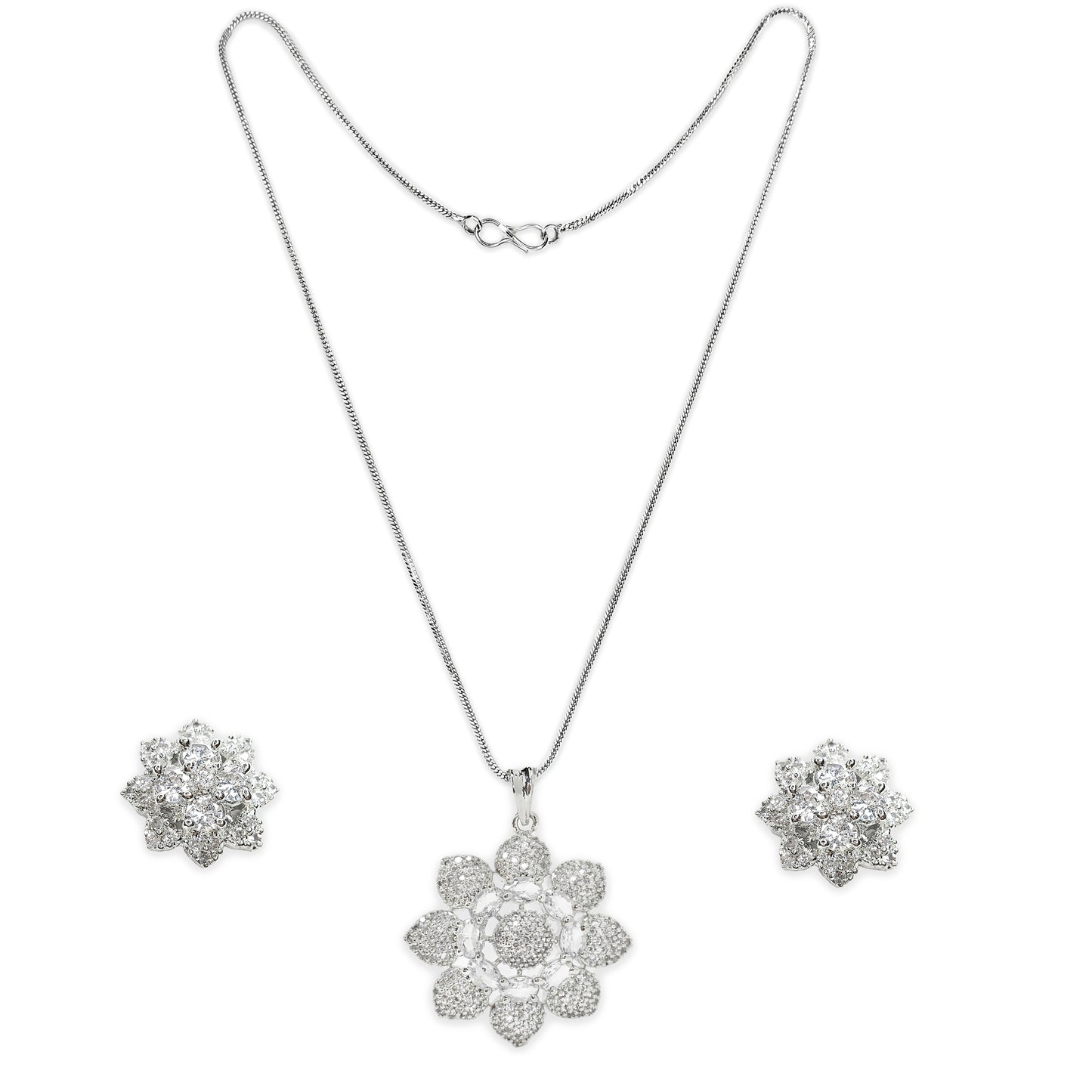 Rhodium Plated Cubic Zirconia Trendy and Fancy Sunflower Pendant Set