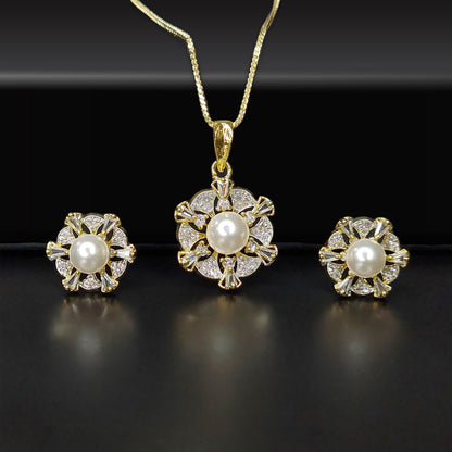 Gold Plated Mother of Pearl MOP American Diamond Studded Pendant Set