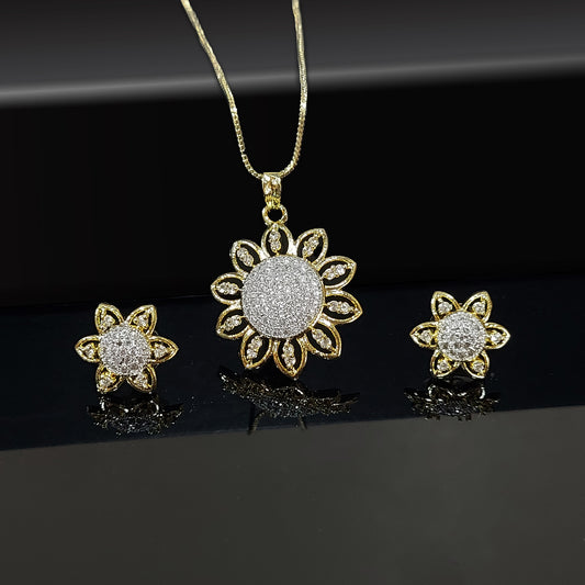 Gold Plated Sunflower American Diamond Studded Pendant Set