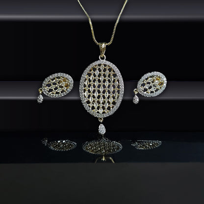 Gold Plated Oval American Diamond Studded Pendant Set