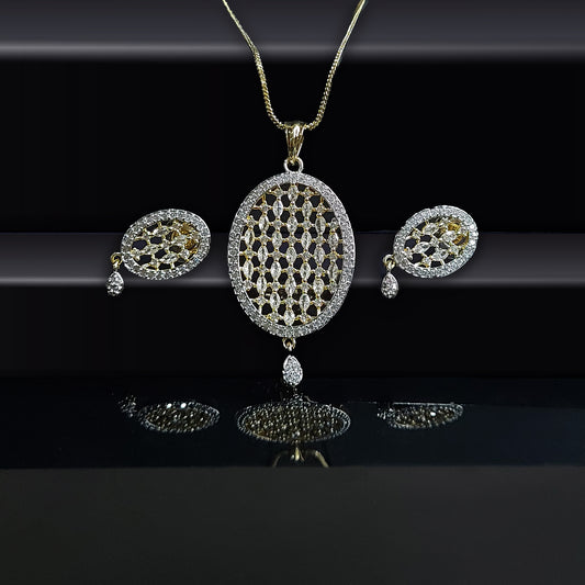 Gold Plated Oval American Diamond Studded Pendant Set