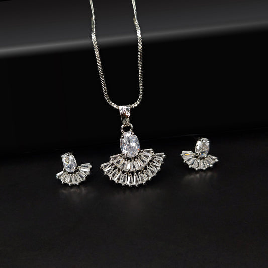 Rhodium Plated Chandbali Cubic Zirconia Studded Pendant Set