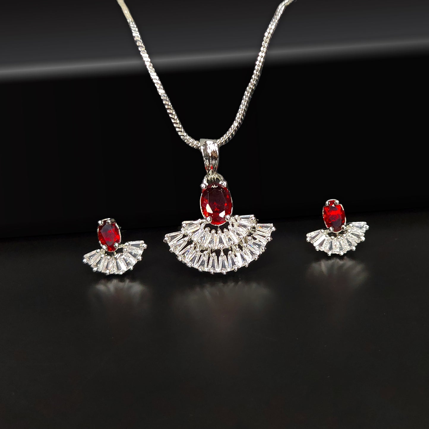 Rhodium Plated Chandbali Cubic Zirconia Studded Pendant Set