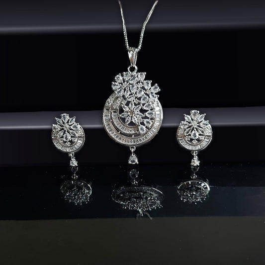 Rhodium Plated Fancy Floral Cubic Zirconia Studded Pendant Set