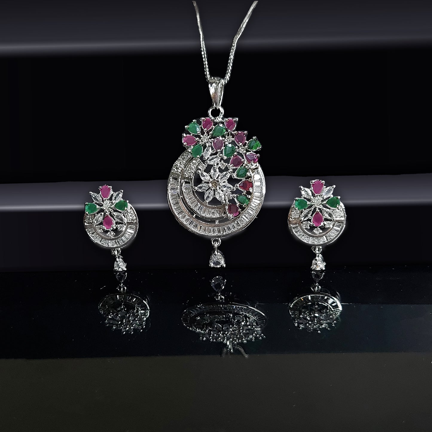 Rhodium Plated Fancy Floral Cubic Zirconia Studded Pendant Set