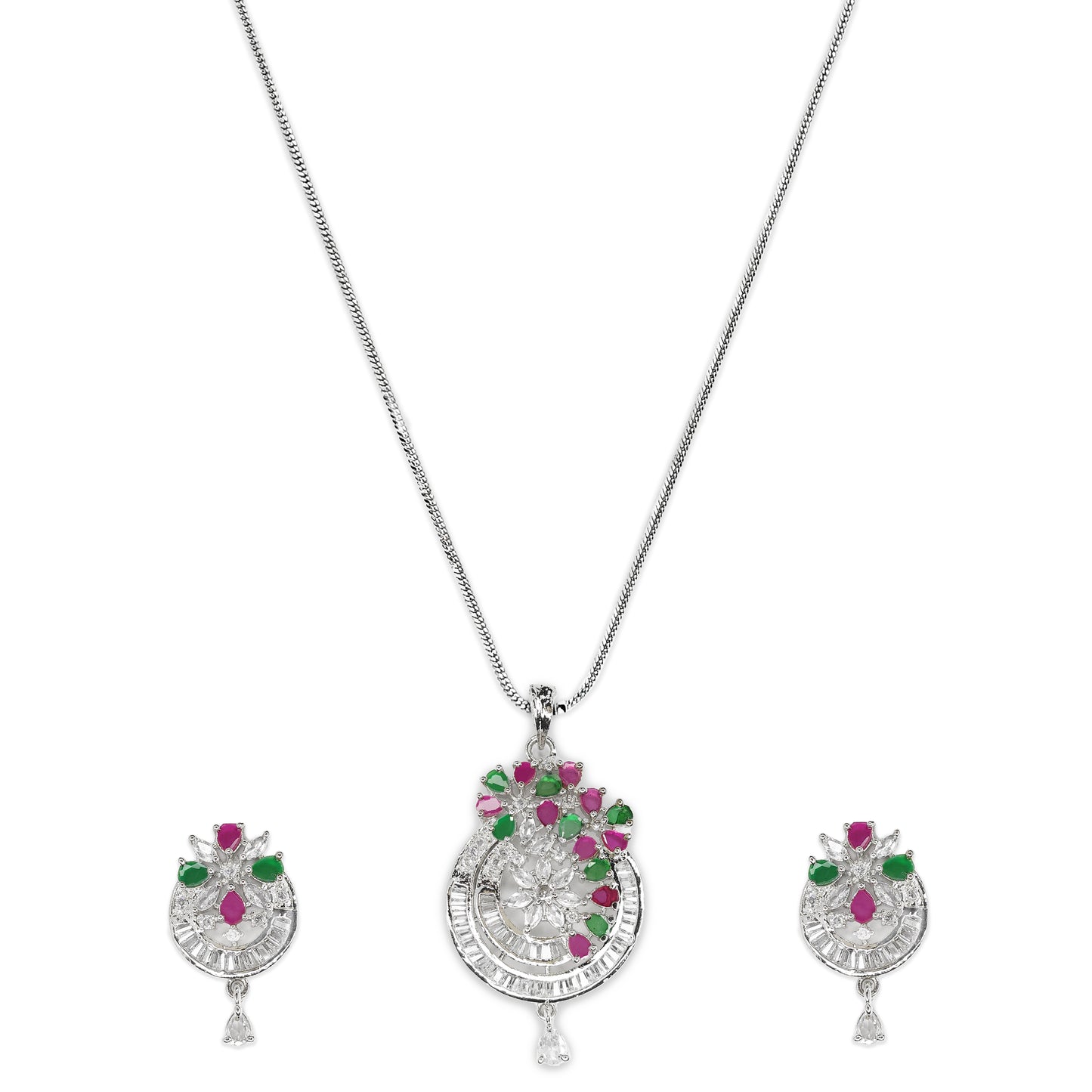 Rhodium Plated Fancy Floral Cubic Zirconia Studded Pendant Set