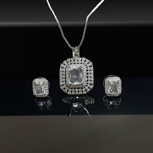 Rhodium Plated Square Shaped American Diamond Studded Pendant Set for Women