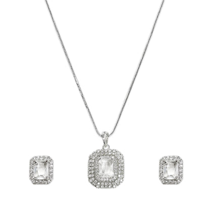 Rhodium Plated Square Shaped American Diamond Studded Pendant Set for Women