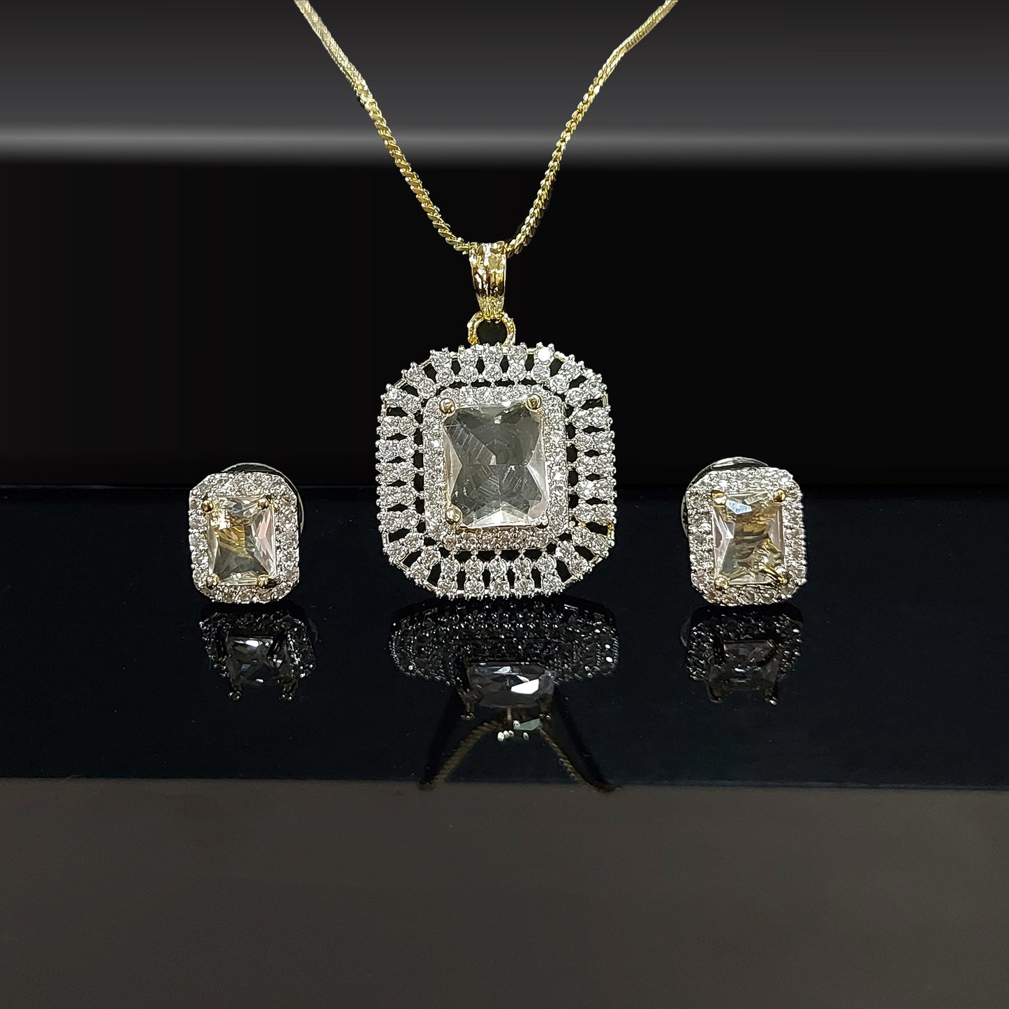 Gold Plated Square Shaped American Diamond Studded Pendant Set for Women