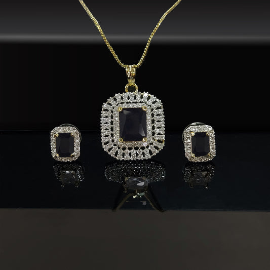 Gold Plated Square Shaped American Diamond Studded Pendant Set for Women