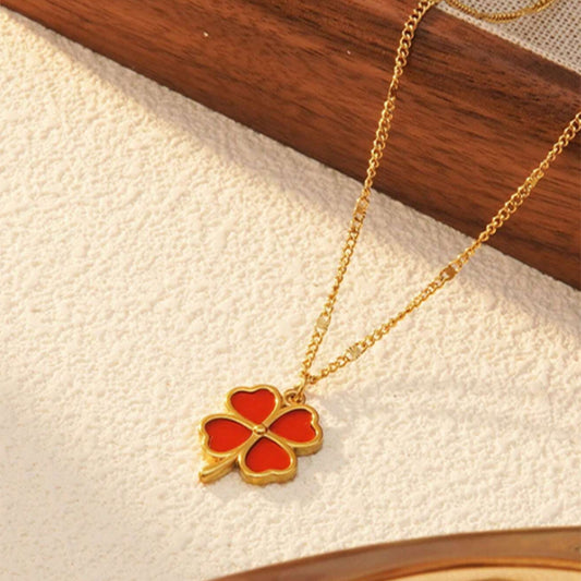 Four Petal Clover Stainless Steel Pendant with Gold Chain