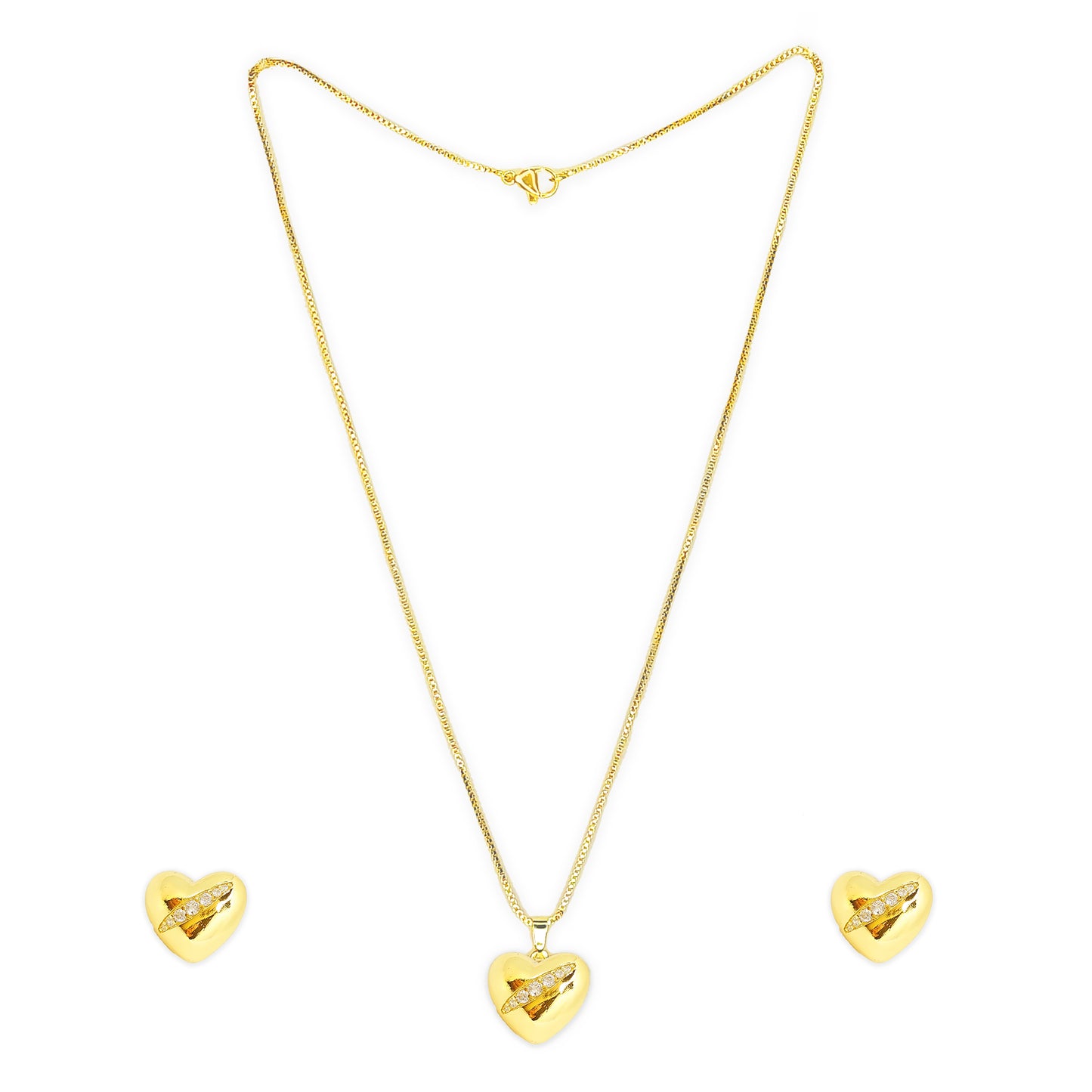 Gold Plated Cubic Zirconia Heart Shaped Trendy Stainless Steel Pendant Set