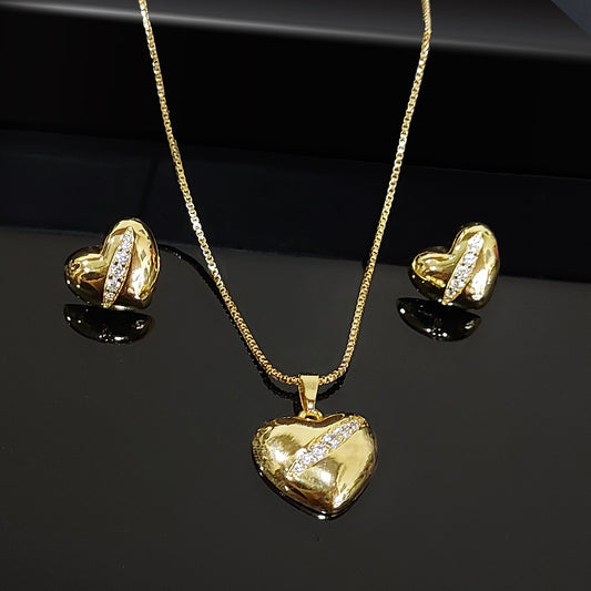 Gold Plated Cubic Zirconia Heart Shaped Trendy Stainless Steel Pendant Set