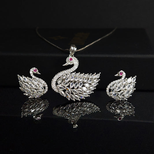 Rhodium Plated Cubic Zirconia Trendy and Fancy Peacock Pendant Set