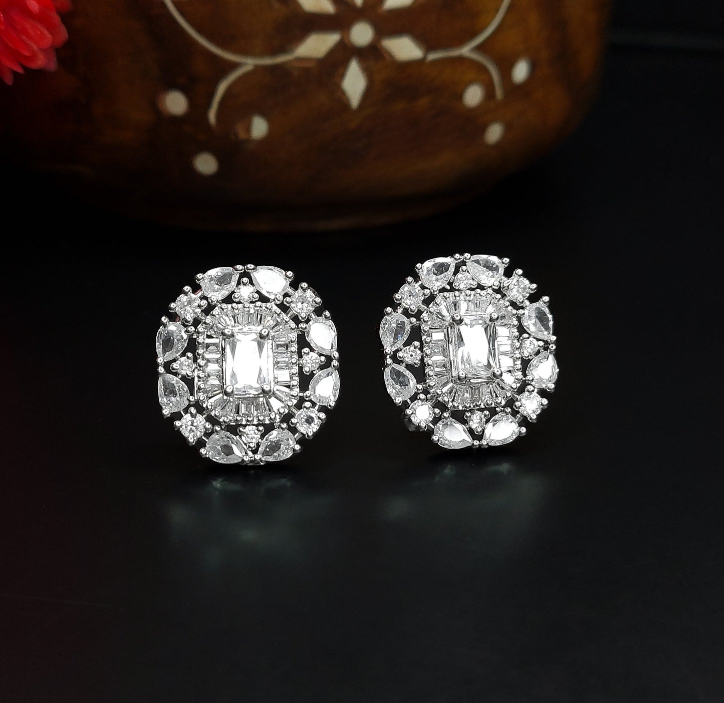 Rhodium Plated American Diamond Elegant Floral Stud Earrings