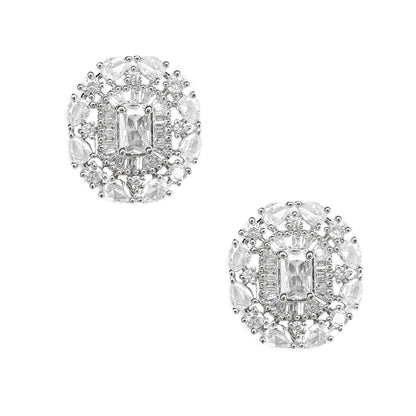 Rhodium Plated American Diamond Elegant Floral Stud Earrings