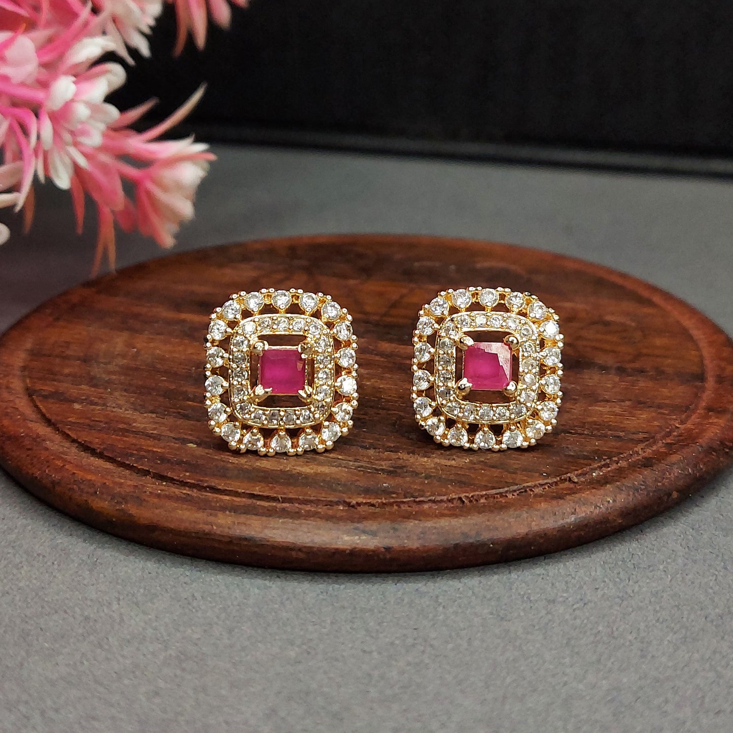 Rose Gold Plated American Diamond Designer Stud Earrings