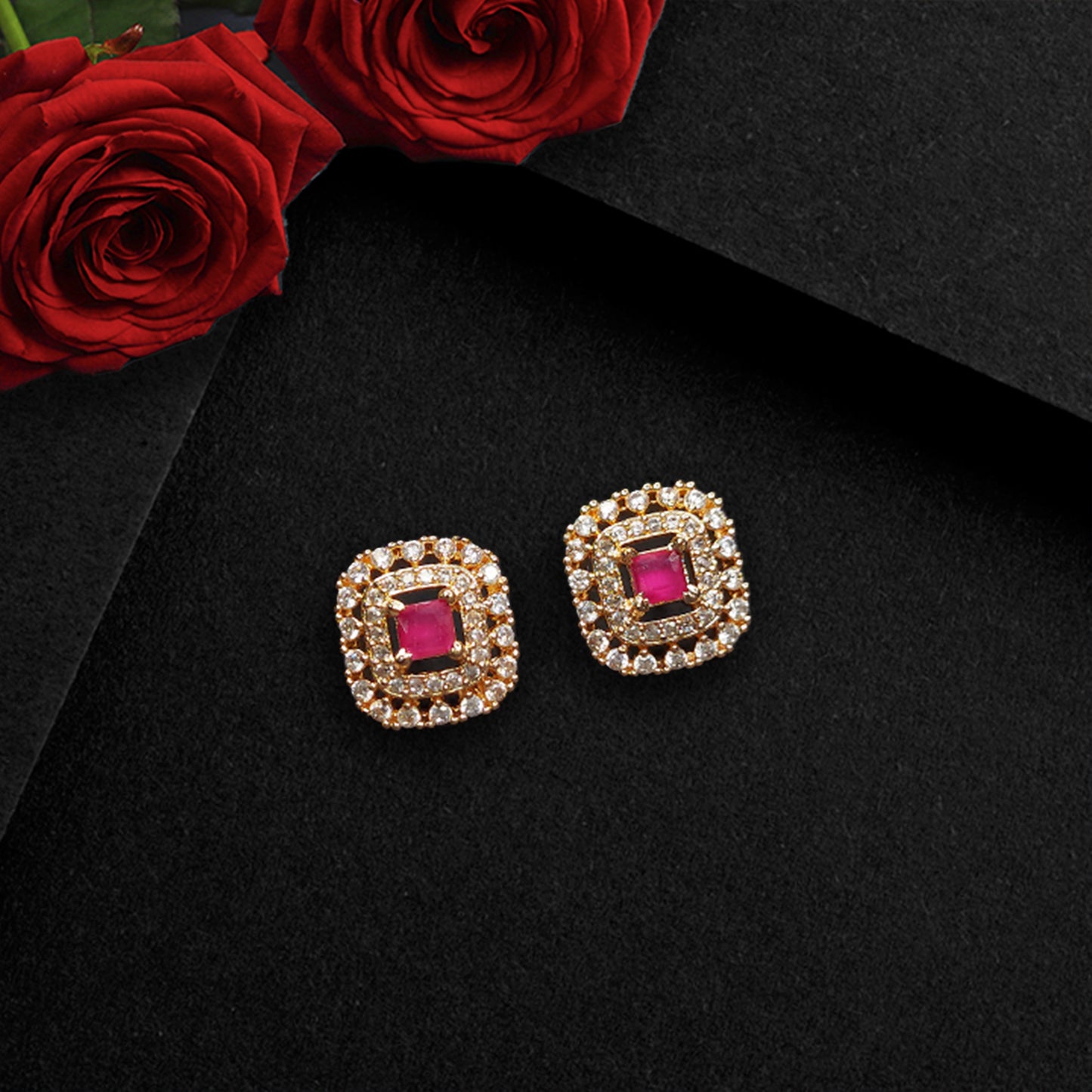 Rose Gold Plated American Diamond Designer Stud Earrings