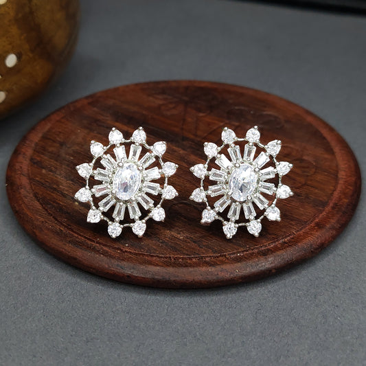 Rhodium Plated American Diamond Dazzling Wheel Shaped Stud Earrings