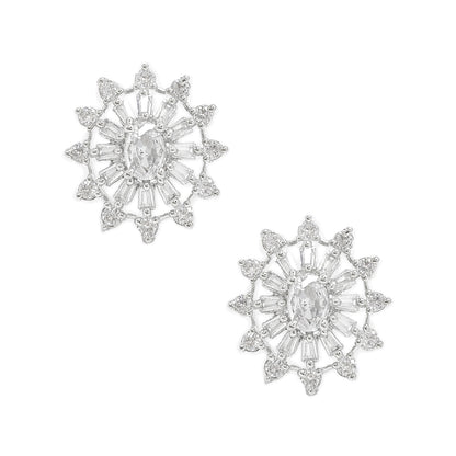 Rhodium Plated American Diamond Dazzling Wheel Shaped Stud Earrings