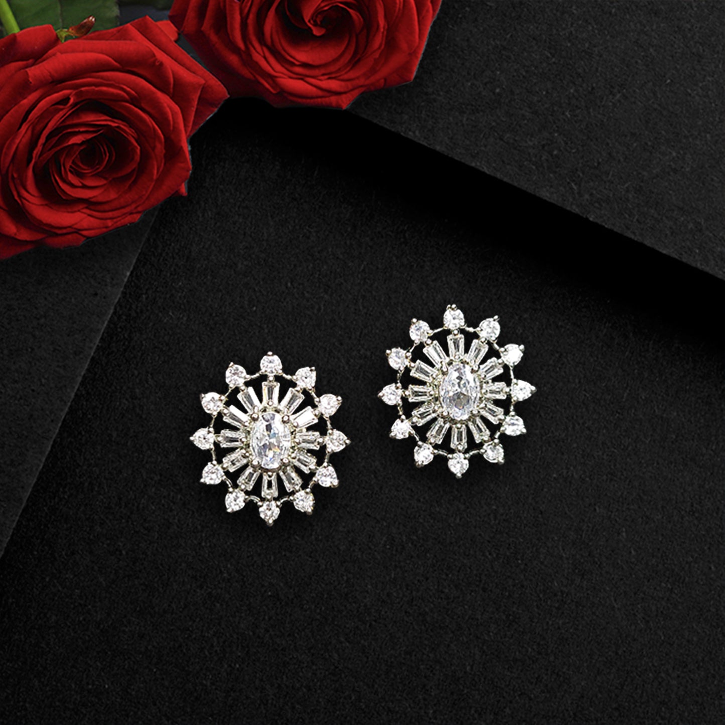 Rhodium Plated American Diamond Dazzling Wheel Shaped Stud Earrings