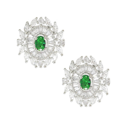 Emerald Green Rhodium Plated American Diamond Dazzling Oval Shaped Stud Earrings
