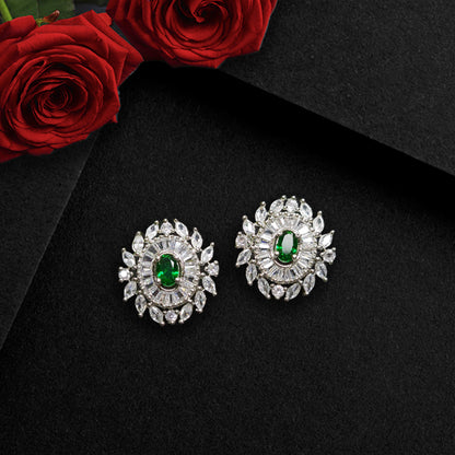 Emerald Green Rhodium Plated American Diamond Dazzling Oval Shaped Stud Earrings