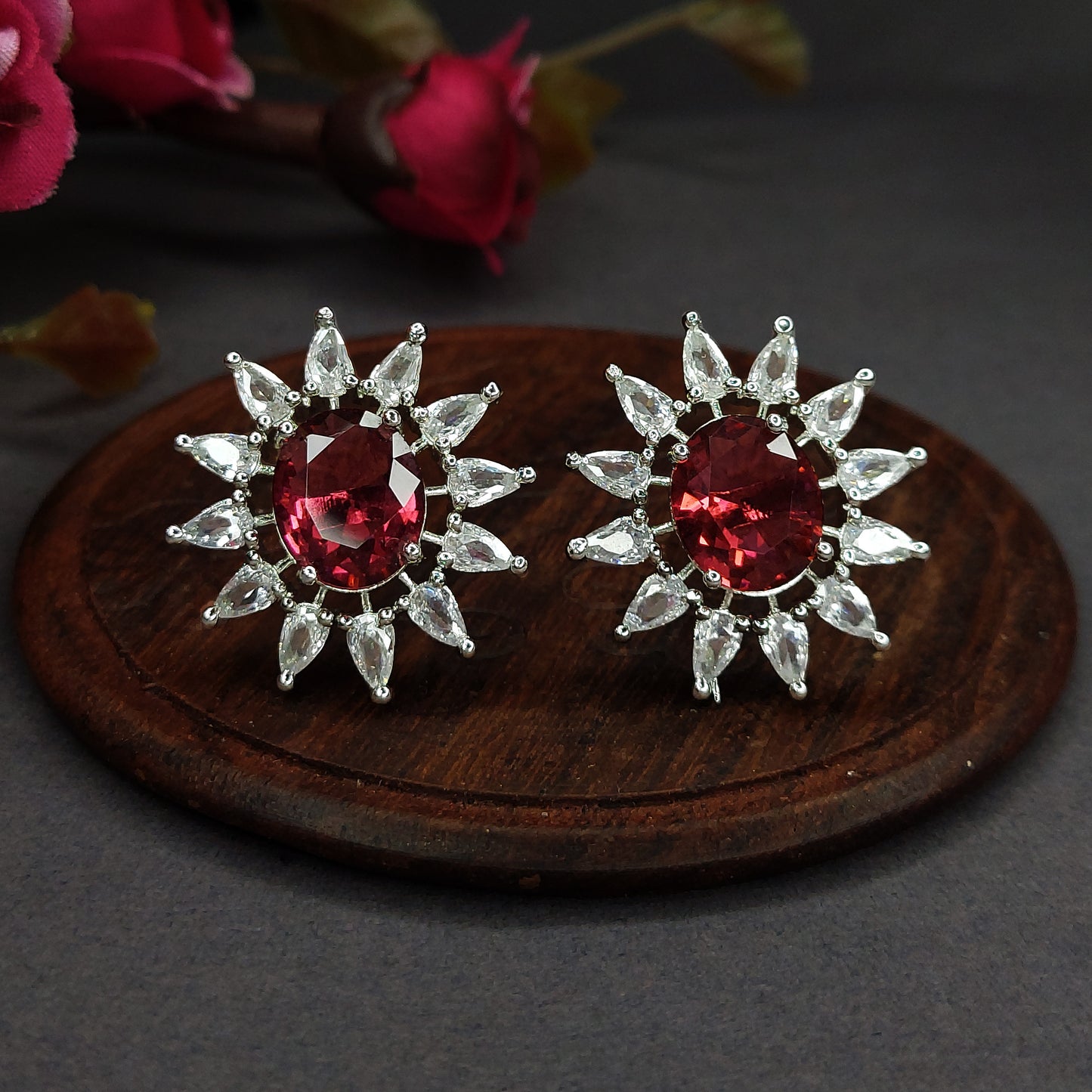 Ruby Pink Rhodium Plated American Diamond Beautiful Sunflower Shaped Stud Earrings