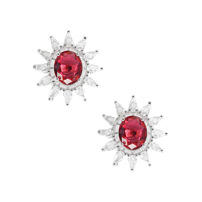 Ruby Pink Rhodium Plated American Diamond Beautiful Sunflower Shaped Stud Earrings