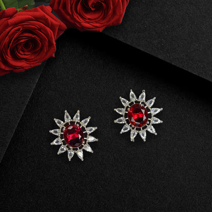 Ruby Pink Rhodium Plated American Diamond Beautiful Sunflower Shaped Stud Earrings