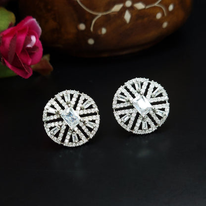 Rhodium Plated American Diamond Dazzling Wheel Shaped Stud Earrings