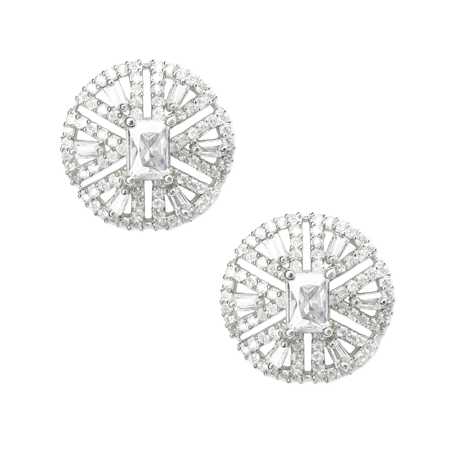 Rhodium Plated American Diamond Dazzling Wheel Shaped Stud Earrings