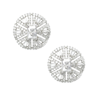 Rhodium Plated American Diamond Dazzling Wheel Shaped Stud Earrings