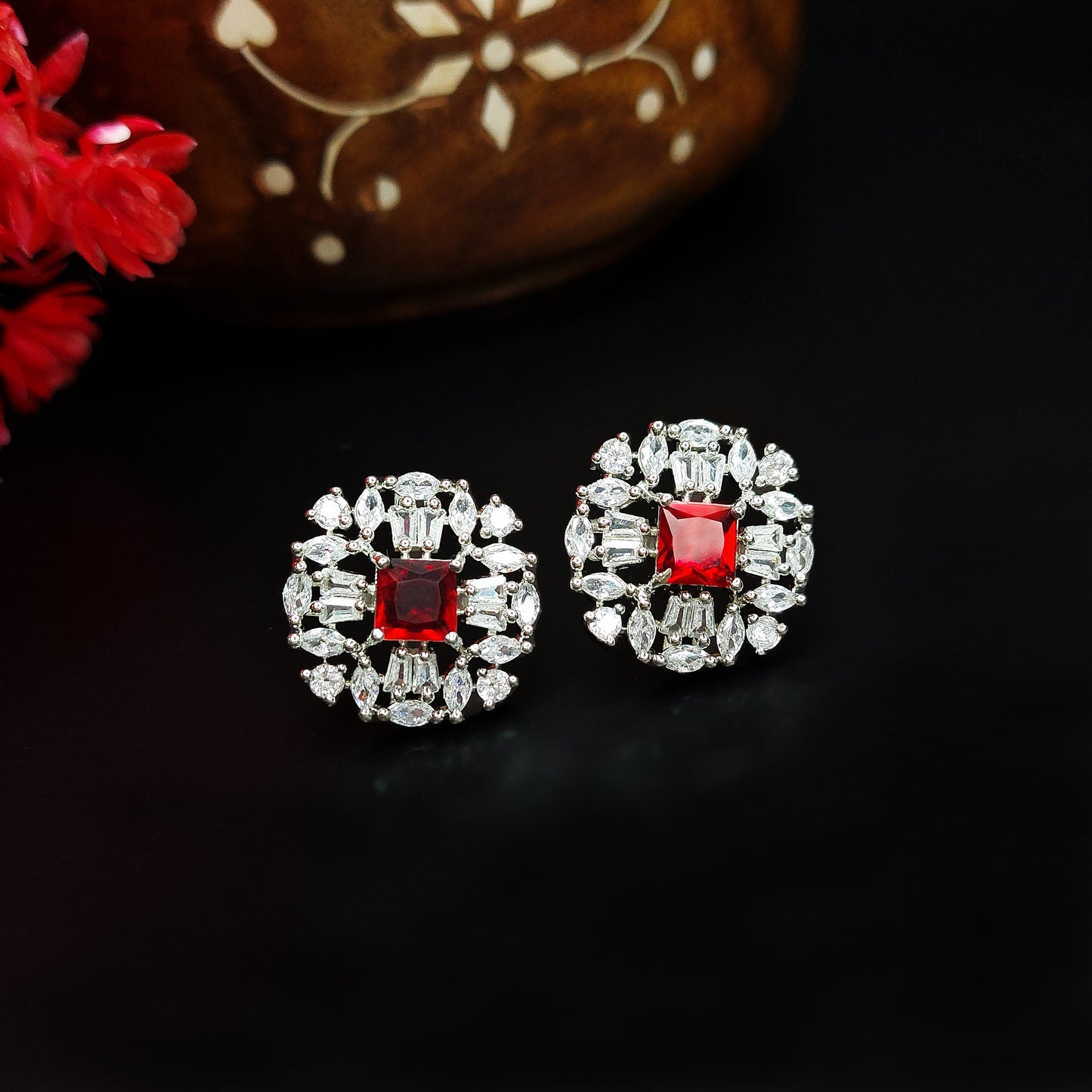 Rhodium Plated American Diamond Elegant Floral Stud Earrings