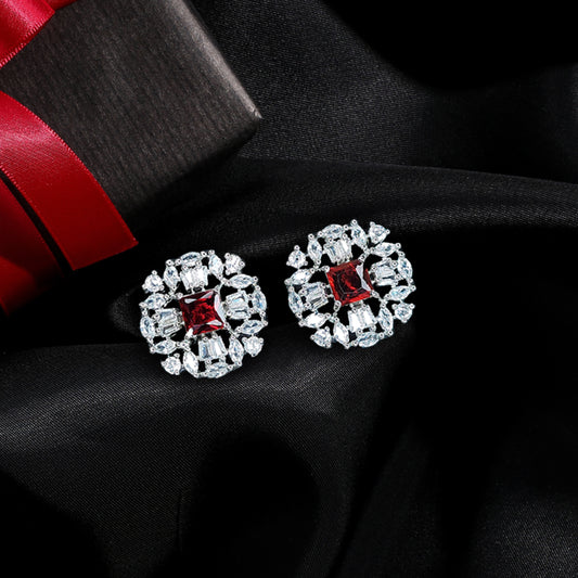 Rhodium Plated American Diamond Elegant Floral Stud Earrings