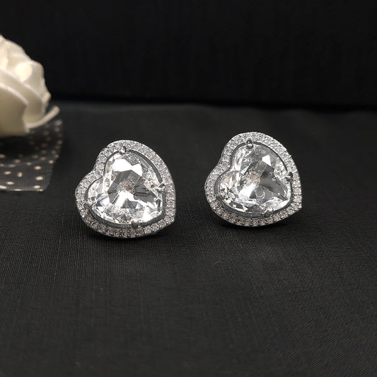 Rhodium Plated American Diamond Dazzling Heart Shaped Stud Earrings