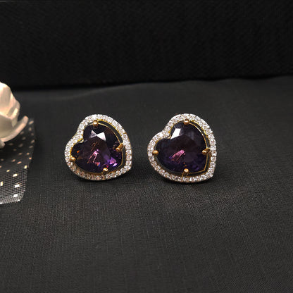 Gold Plated American Diamond Dazzling Purple Heart Shaped Stud Earrings