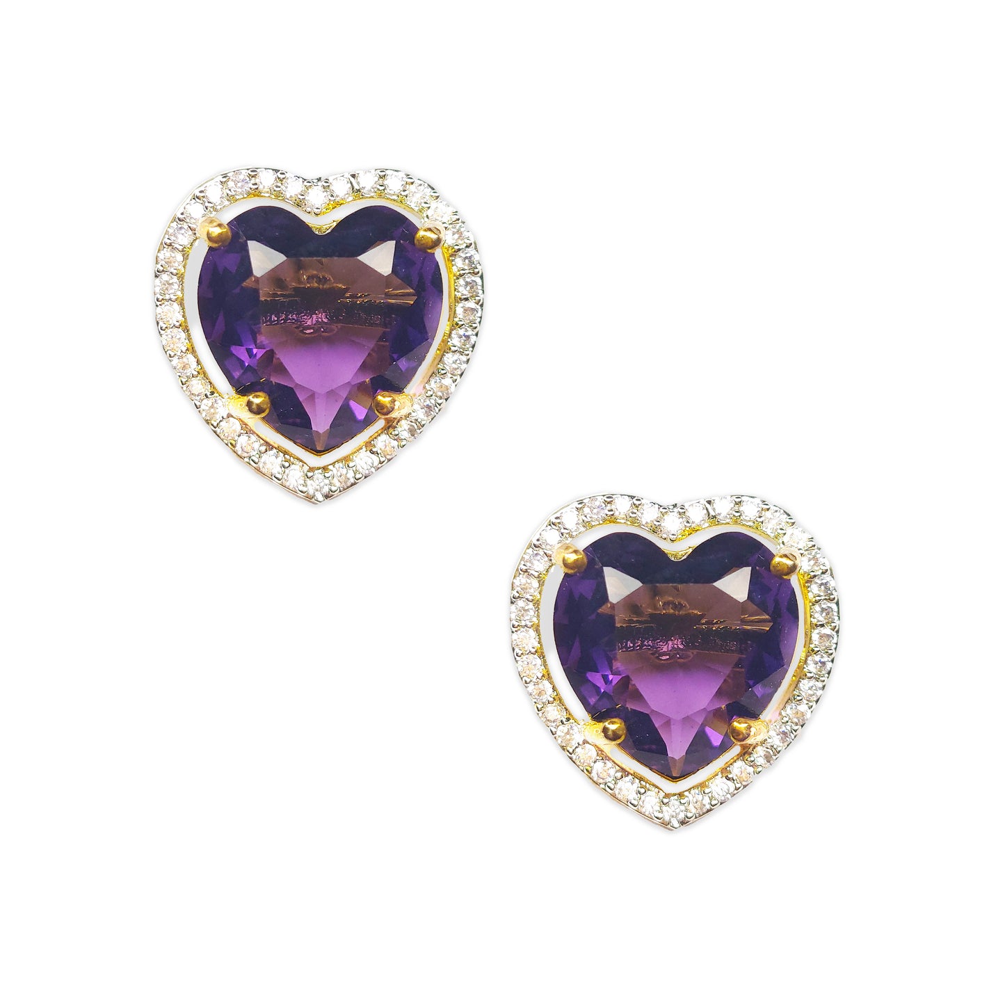 Gold Plated American Diamond Dazzling Purple Heart Shaped Stud Earrings