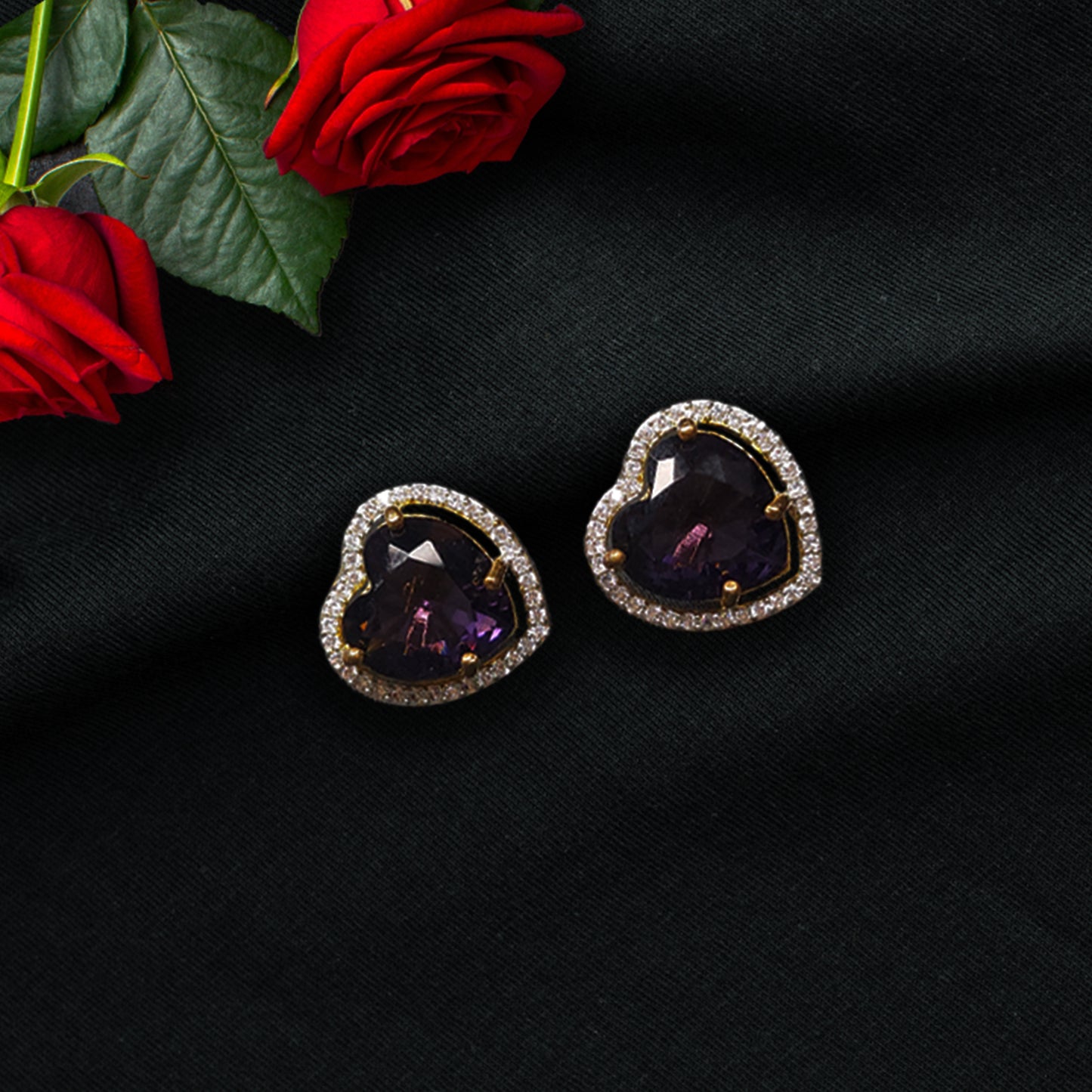 Gold Plated American Diamond Dazzling Purple Heart Shaped Stud Earrings