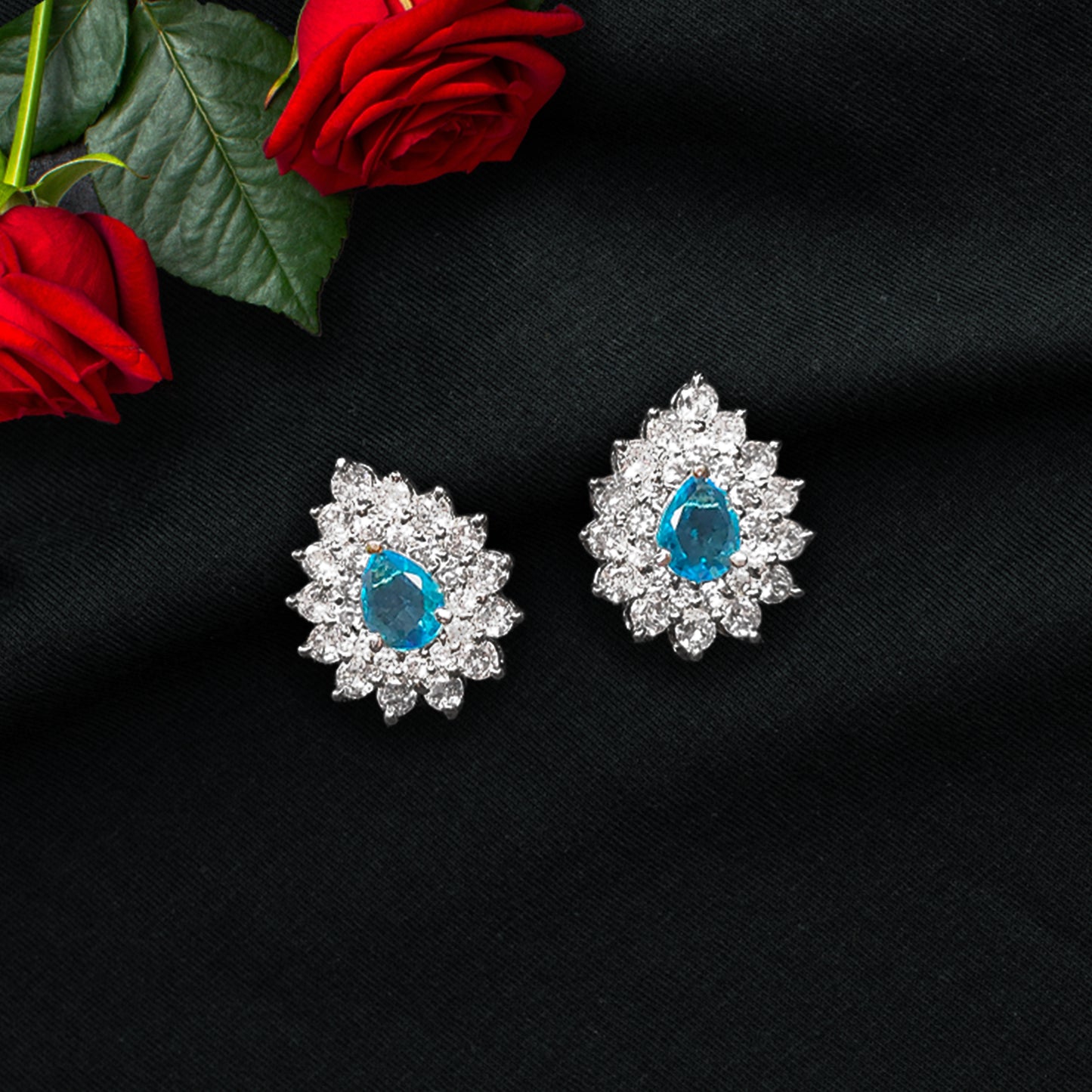 Rhodium Plated American Diamond Dazzling Petal Shaped Stud Earrings