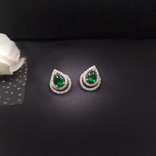 Emerald Green Rhodium Plated American Diamond Tear Drop Stud Earrings