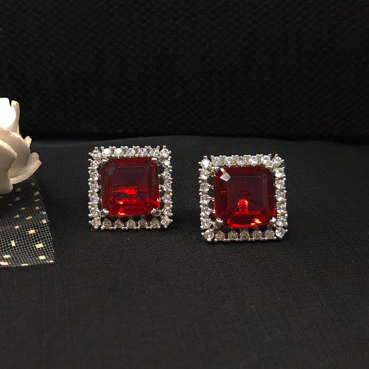 Ruby Red Rhodium Plated American Diamond Square Shaped Stud Earrings