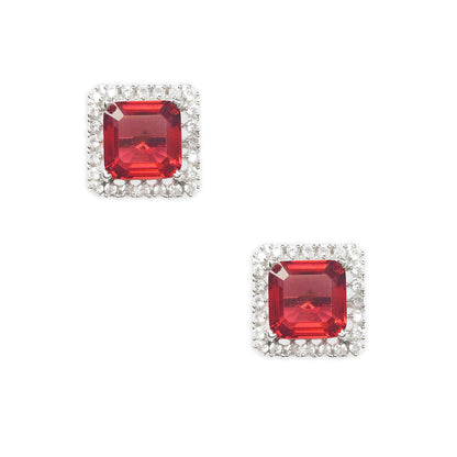 Ruby Red Rhodium Plated American Diamond Square Shaped Stud Earrings