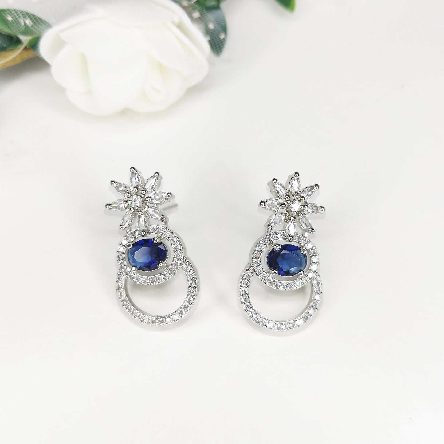 Royal Blue American Diamond Sparkling Pineapple Shaped Drop Earrings