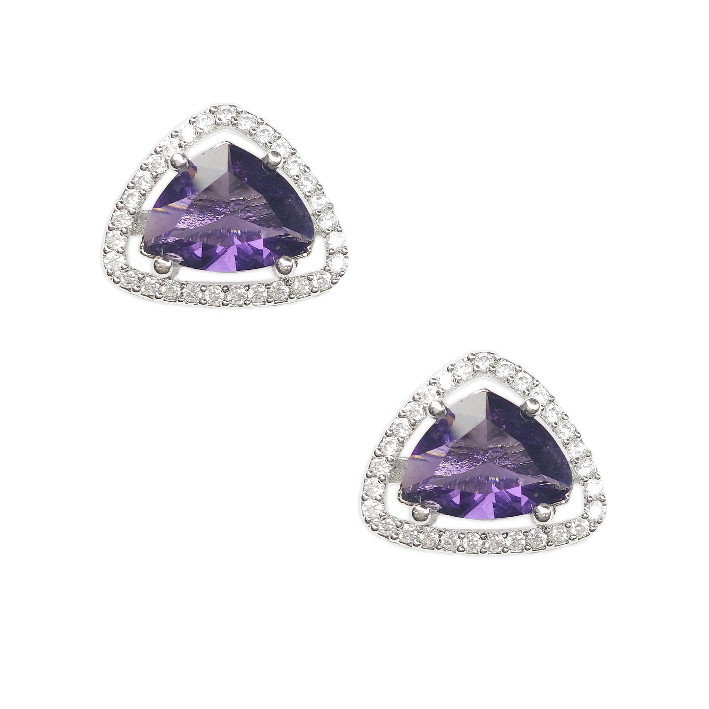 Rhodium Plated American Diamond Designer Triangular Shaped Stud Earrings