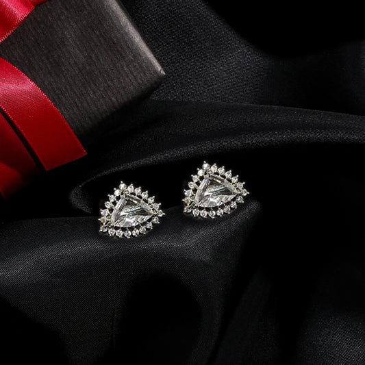 Rhodium Plated American Diamond Designer Triangular Shaped Stud Earrings