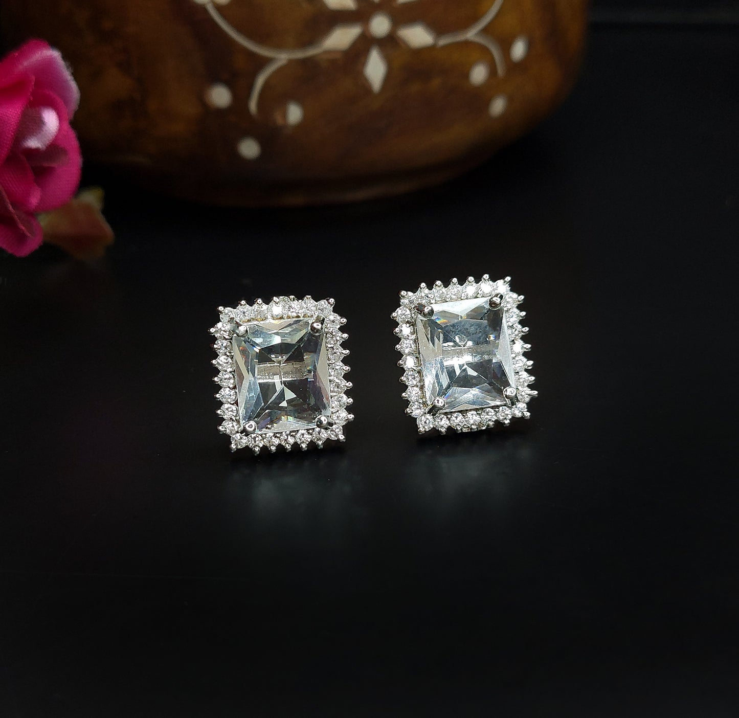 Rhodium Plated Cubic American Diamond CZ  Splendid Shimmery Stud Earrings