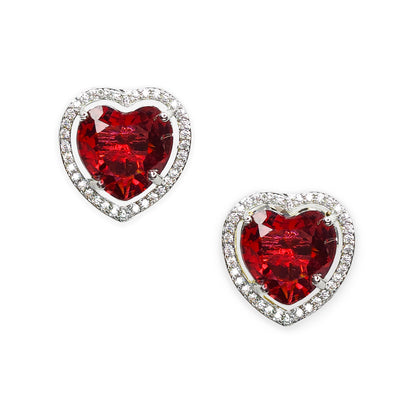 Ruby Red Rhodium Plated American Diamond Dazzling Heart Shaped Stud Earrings