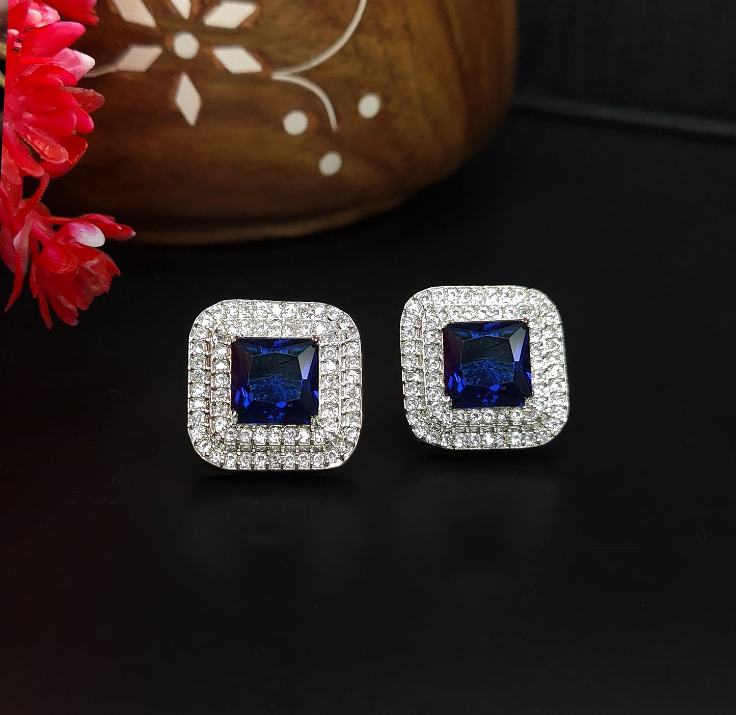 Rhodium Plated Cubic American Diamond Royal Blue Studded Shimmery Stud Earrings