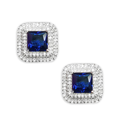 Rhodium Plated Cubic American Diamond Royal Blue Studded Shimmery Stud Earrings